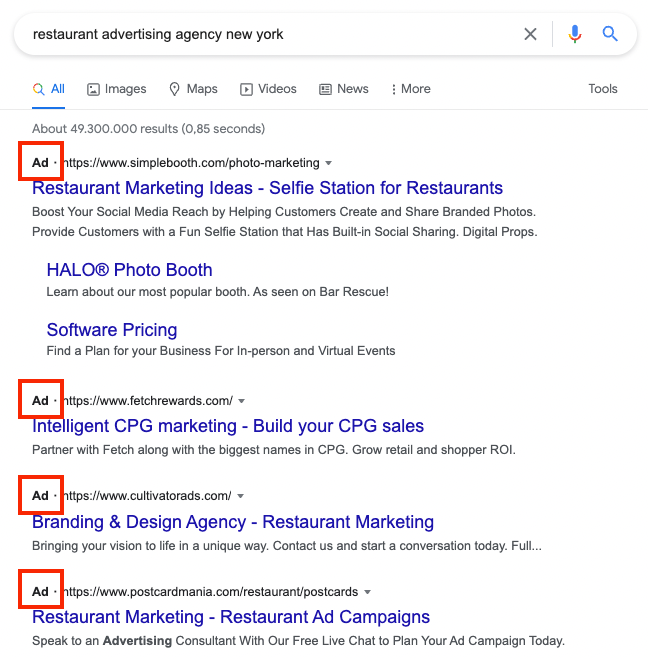 restaurant advertisement examples in Google search results