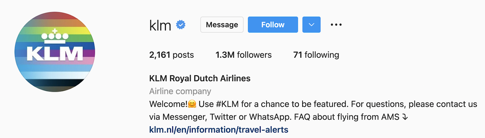 KLM Instagram homepage