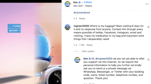 screenshot of KLM instagram post
