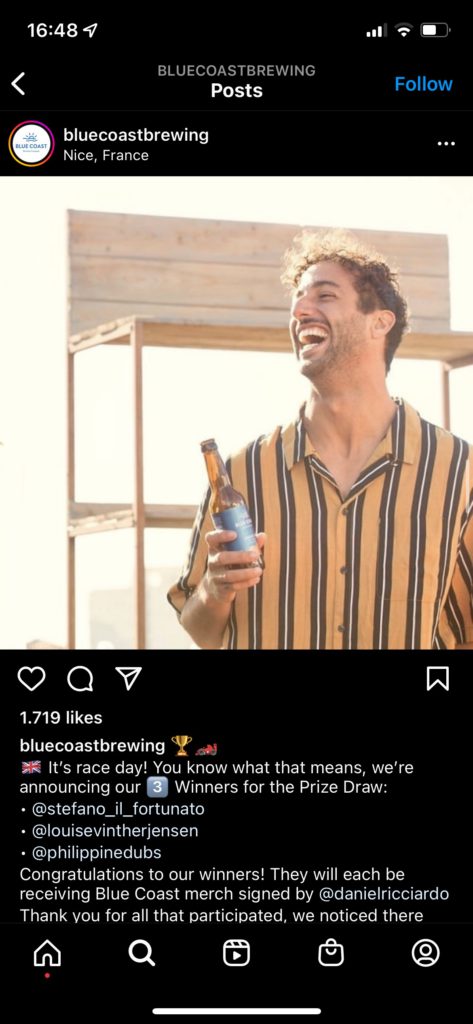 screenshot of blue coast breweries instagram account featuring daniel ricciardo
